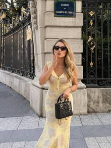 Đầm nữ Amore thanh lịch không tay ôm sát, in hoa, cổ chữ V, viền bèo, thích hợp cho tiệc tùng, đám cưới, lễ tốt nghiệp, các dịp lễ hội, kỳ nghỉ hè, màu vàng. - Màu vàng - Xem 7