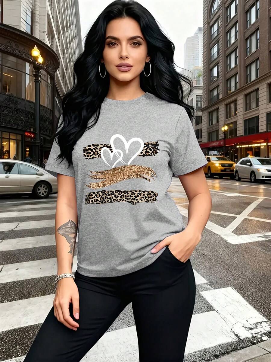Glitter Heart Print T-Shirt With Leopard Print Design, And Breathable, Suitable For Family Trips, School Activities, Casual Sports, Daily Commutes, Matching Sister Outfits, Versatile T-Shirt. 9XO7 - 淺灰色 - 查看 1