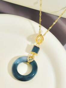 1 pièce Collier pendentif en jade vert foncé plaqué or, chaîne élégante et délicate pour femmes - Doré - Voir 4