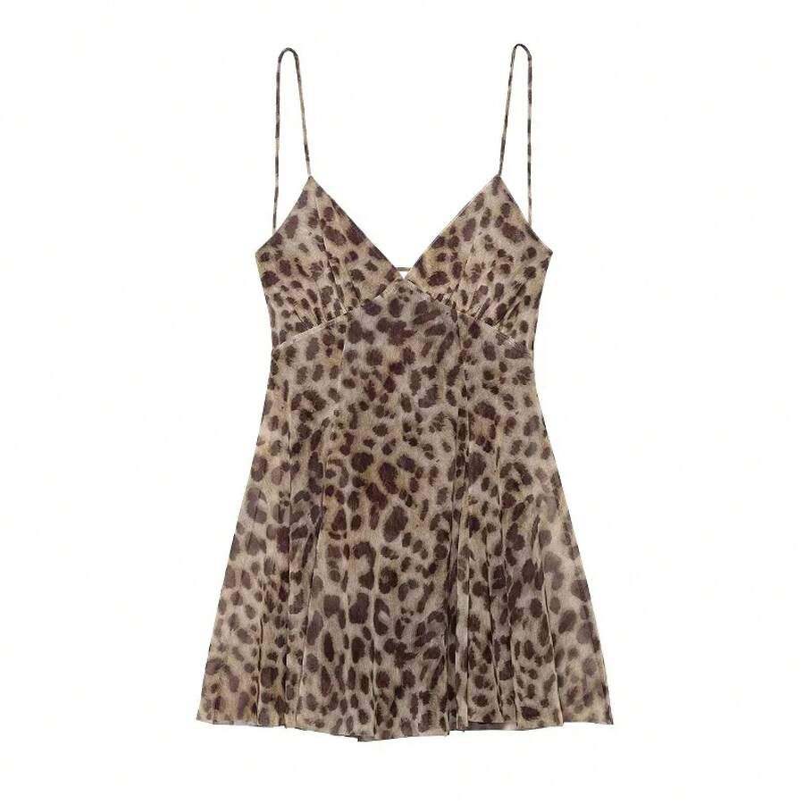 MUJER 2025 Mini vestido de tul para mujer, vestido deslizante con estampado de leopardo, vestidos cortos sexis con espalda descubierta para mujer, vestidos de fiesta drapeados - Vestido de leopardo - Ver 1