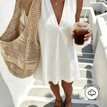 Minimalist White Linen Sleeveless V-Neck Dress / Relaxed A-Line Skirt / Korean Soft Style / Daily Commute Short Dress - Blanco - Ver 1