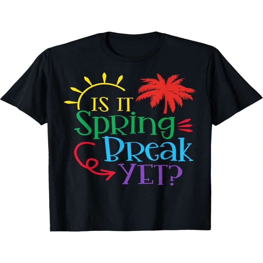 Camisetas con temática del Día de la Independencia y el Día del Padre con el lema "?Todavía no han llegado las vacaciones de primavera?", perfectas para profesores y alumnos. Con vibrantes dise?os de palmeras y soles, estas camisetas informales y relajadas son ideales para las vacaciones de primavera, para el día a día del profesor y tienen un dise?o gráfico divertido. Cuello redondo, ligeramente elásticas, corte regular, aptas para todas las estaciones. - Negro - Ver 1