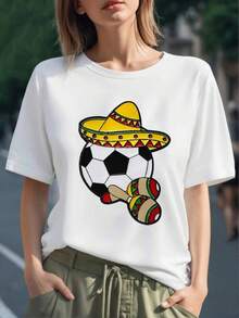 Sombrero colorido con balón de fútbol y maracas que simbolizan alegría mexicana y pasión por el deporte camiseta para mujer 100% algodón suave y cómoda - Negro - Ver 6