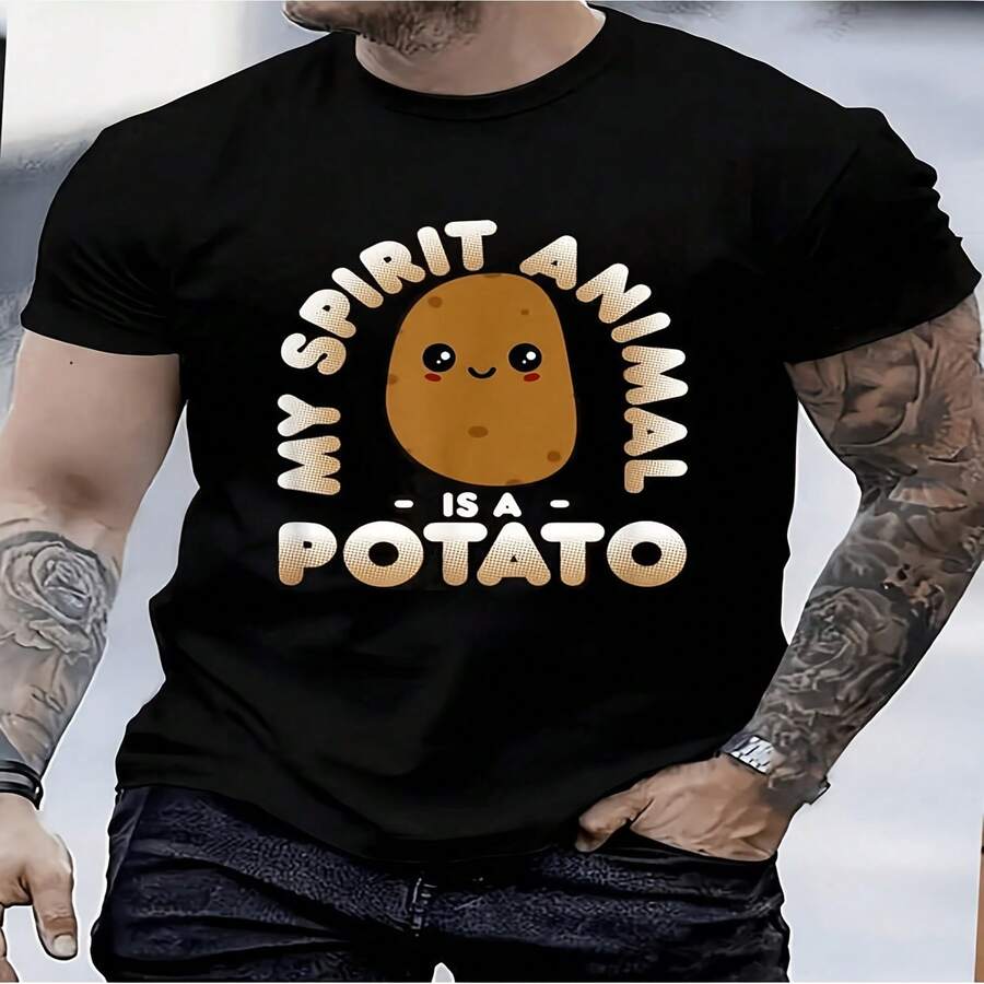 Camiseta unisex de manga corta estampada con dise?o divertido y kawaii "Mi animal espiritual es una patata", ideal para el Día de la Independencia y el Día del Padre. Camiseta de moda para el verano de 2026, 180 g. - Negro - Ver 1