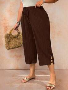 Pantalones casuales sueltos para mujer de talla grande, de unicolor, con cintura elástica y cordón - Marrón - Ver 6