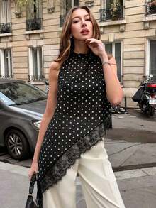 Blusa de mujer con cuello halter de estilo francés, con parches de encaje y lunares transparentes - Negro - Ver 1