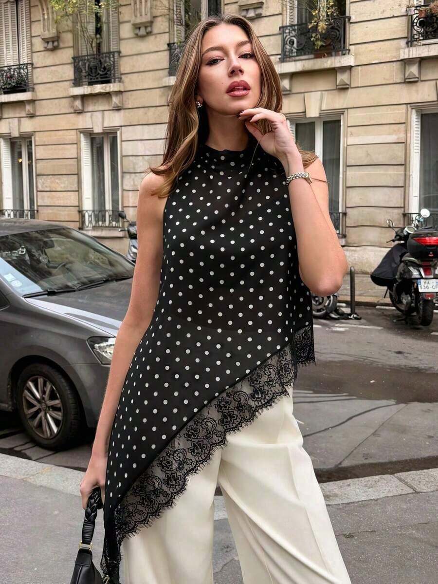 Blusa de mujer con cuello halter de estilo francés, con parches de encaje y lunares transparentes - Negro - Ver 1