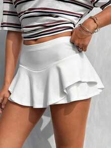 Culotte de mujer de cintura elástica y bajo con volantes de unicolor - Blanco 3 - Ver 4