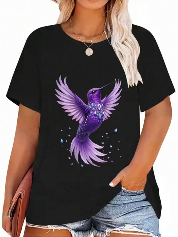 Plus Size T-Shirt Top PickLocalWo With Vibrant Purple Hummingbird Print 2026, Lightweight, Summer, Regular Fit, Casual, Breathable, Everyday Essential, Versatile Clothing,  Look, Comfortable Material, Short Sleeve For Young Adults. - 黑色 - 查看 1