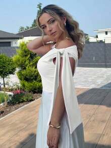 Blusa elegante de mujer con cuello asimétrico y hombro oblicuo con lazo, adecuada para uso diario, citas, salidas, discoteca, fiestas y reuniones - Blanco - Ver 5