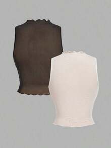 Top sin mangas con cuello alto y fruncido en unicolor, top negro de club, tops de malla para fiestas, despedida de soltera, tops para citas, salir, primavera/verano, top de fiesta, vacaciones, cumpleaños, festival, playa, top elegante - Blanco y Negro - Ver 2