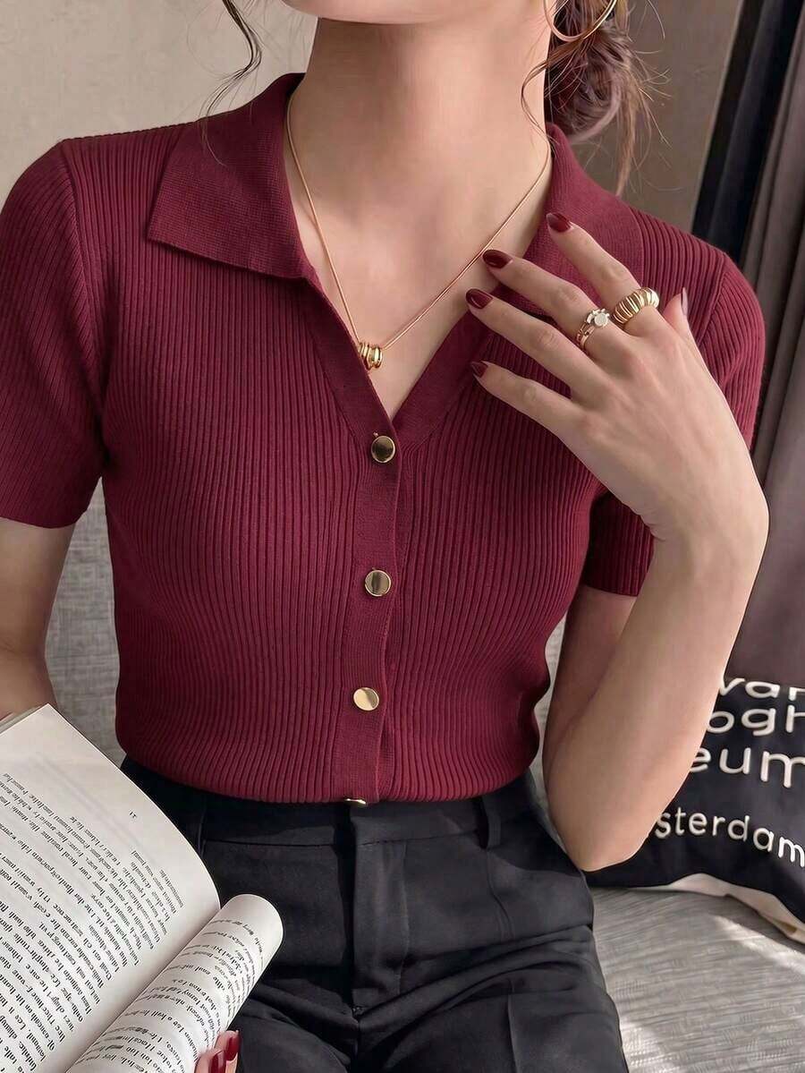 de punto con cuello polo y mangas raglán cortas para mujer, ligera y versátil, ideal para primavera/verano - Burdeos - Ver 1