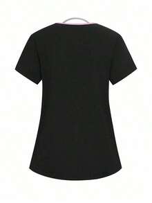 Conjunto de uniforme de pijama de unicolor con parches, cuello en V y manga corta - Negro - Ver 7