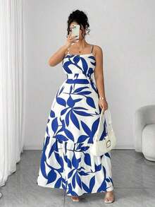 Vestido elegante de mujer talla grande con tirantes finos, cintura fruncida y diseño evasé, con estampado de hojas de dos colores, diseño evasé estilizador, elegante y sofisticado, adecuado para volver al colegio, graduación, San Valentín, festiva - Morado - Ver 3