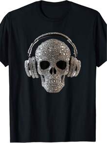 Unisex Retro T-Shirt With Skull And Headphone Print, Made Of Cotton, Breathable, Short Sleeve, Round Neck, Soft And Delicate Fabric, Machine Washable, Casual, For Men And Women, For All Seasons, With A Unique Charm. - 黑色 - 查看 8
