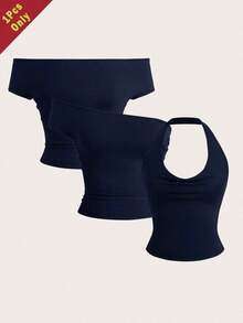 Tops ajustados de verano de diseño multifuncional de punto en azul marino para mujeres - Azul marino - Ver 8