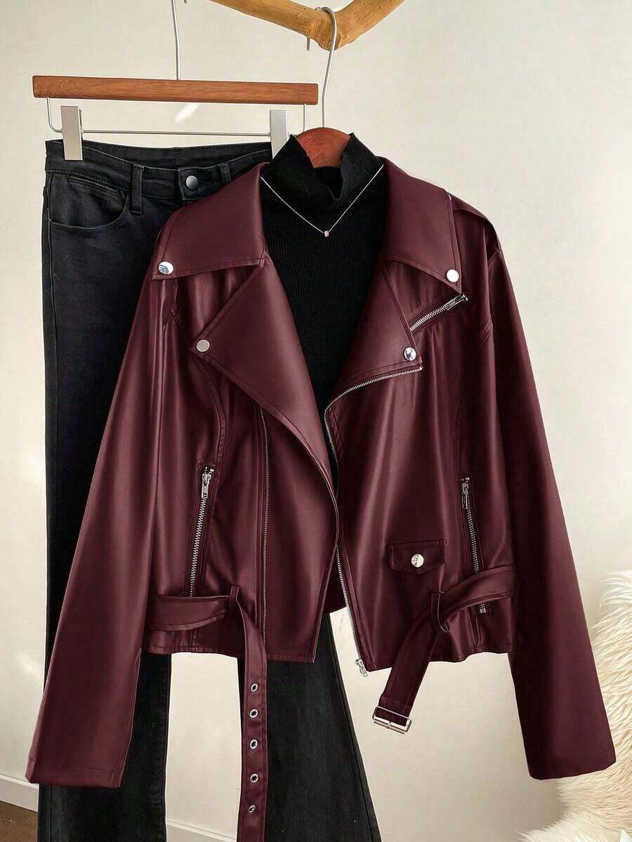 Chaqueta de cuero de PU de manga larga rojo vino, de corte holgado y básico, para mujer de talla grande, de estilo casual, para otoño y primavera, Y2K, streetwear, primavera, abrigos rojos vino para mujer, estilo años 2000, disco/invierno - Rosa Roja - Ver 1