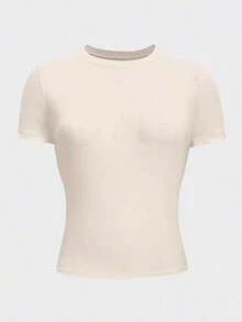Camiseta de cuello redondo ajustada para mujer talla grande en color morado oscuro - Caqui - Ver 3