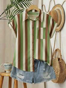 Camisa de manga corta con bolsillo, de rayas, casual y de vacaciones, con botones delanteros - Multicolor - Ver 3
