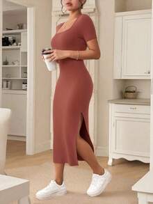 Frenchy Vestido elegante de unicolor de manga corta con abertura simple para mujeres - Naranja Quemada - Ver 5