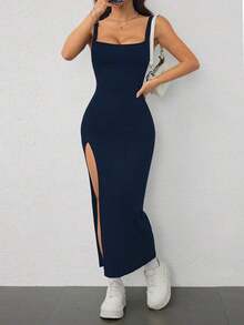Vestido largo ajustado de mujer con abertura alta, de punto acanalado elástico y tirantes anchos, atuendo de vacaciones para mujer - Azul marino - Ver 7