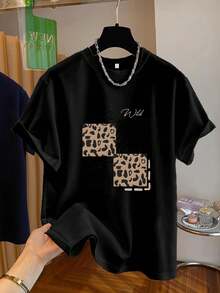 Women's Plus Size Printed Crew Neck Casual T-Shirt, Fashionable Printed T-Shirt For Women, Soft, Versatile, Hand-Printed Leopard And Zebra Monogram T-Shirt, Crew Neck Top, Casual Short Sleeve Top, Comfortable And Soft, Perfect For Spring And Summer, Plus Size Short Sleeve Top For Women, Suitable For Valentine's Day, Easter And For Football Enthusiasts (Beige/Pink/Dark Gray) - 黑色 - 查看 1