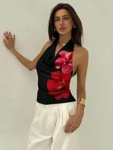 Blusa de mujer con escote profundo drapeado, sin espalda y con lazo trasero, de estilo elegante y sexy - Rojo y negro - Ver 7