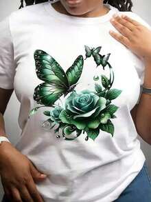 Camisetas Casuales para Mujer, Diseño Gráfico de Mariposa Verde y Rosas, Camiseta con Estampado Artístico Inspirado en la Naturaleza, Ropa Casual para Mujer, Estilo Y2K, Camisetas de Moda de Verano, Conjuntos y Tops Casuales de Streetwear - Blanco - Ver 1