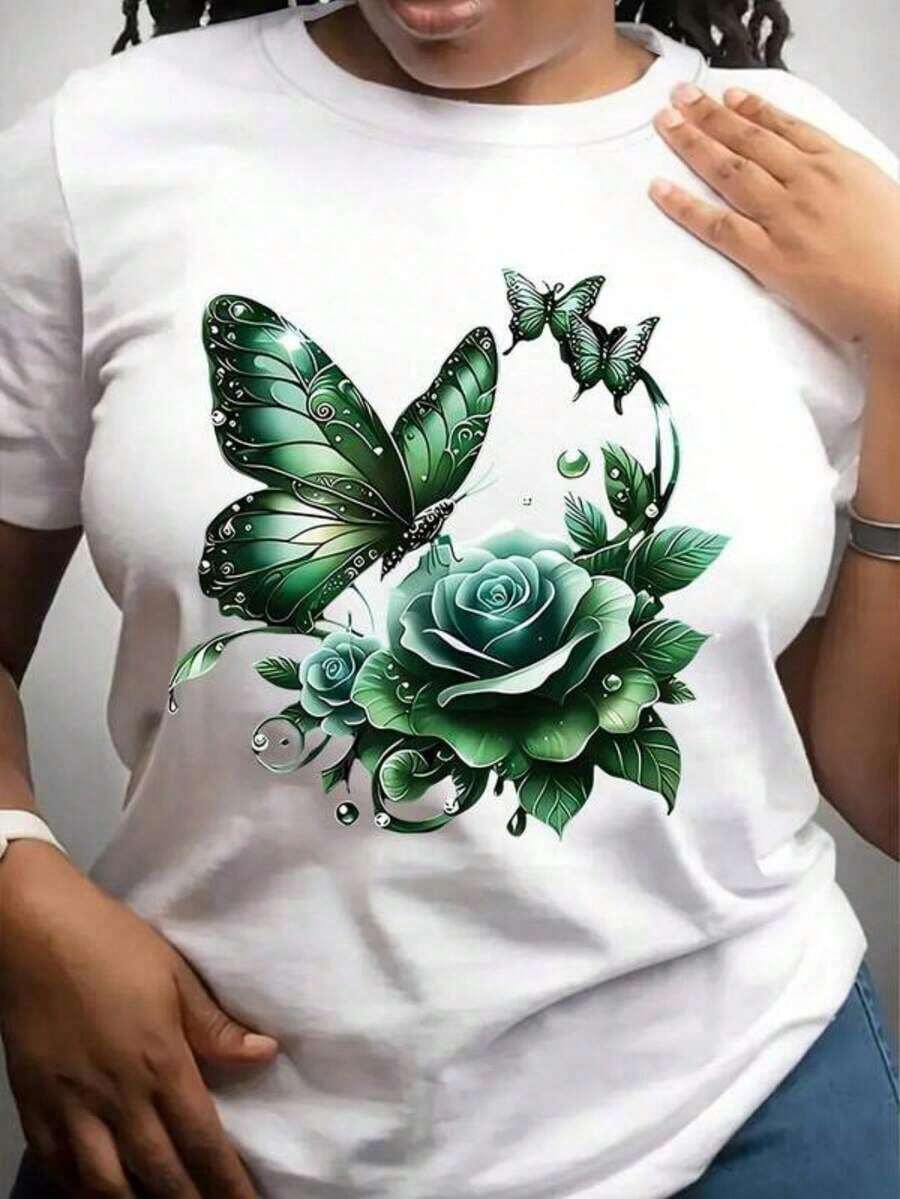 Camisetas Casuales para Mujer, Diseño Gráfico de Mariposa Verde y Rosas, Camiseta con Estampado Artístico Inspirado en la Naturaleza, Ropa Casual para Mujer, Estilo Y2K, Camisetas de Moda de Verano, Conjuntos y Tops Casuales de Streetwear - Blanco - Ver 1