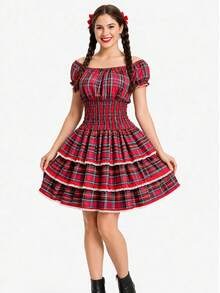 Vestido Festa Junina Juvenil Adulto Vermelho Preto São João Caipira Xadrez Quadrilha - Vermelho - Visão 3