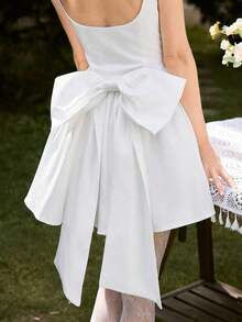 MOD Vestido corto de mujer decorado con moño rosa, vestido de mujer, ropa de mujer, vestido para fiesta de vacaciones, vestido modesto, vestido de vacaciones, vestidos elegantes para mujer, vestidos para fiestas de mujer, vestido de Año Nuevo para mujer, vestido de graduación, vestidos para mujer - Blanco - Ver 3