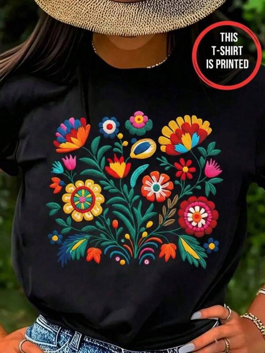 Camiseta de Cuello Redondo para Mujer - Esto es una impresión, no un bordado. Top Bohemio Suave con Estampado Floral, Camiseta Casual Sin Perforaciones para Festivales, Fiestas y Outfits Diarios - Ropa Étnica Boho para Mujer, Atuendo de Festival, Camiseta con Patrón , Ajuste Cómodo Mujer camiseta casual bordado floral colorido suelta cuello redondo manga corta primavera verano uso diario - Negro - Ver 1