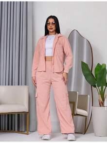 Women's Corduroy Cargo Set – Oversized Shirt And Jogger Pants - 軍綠色 - 查看 5