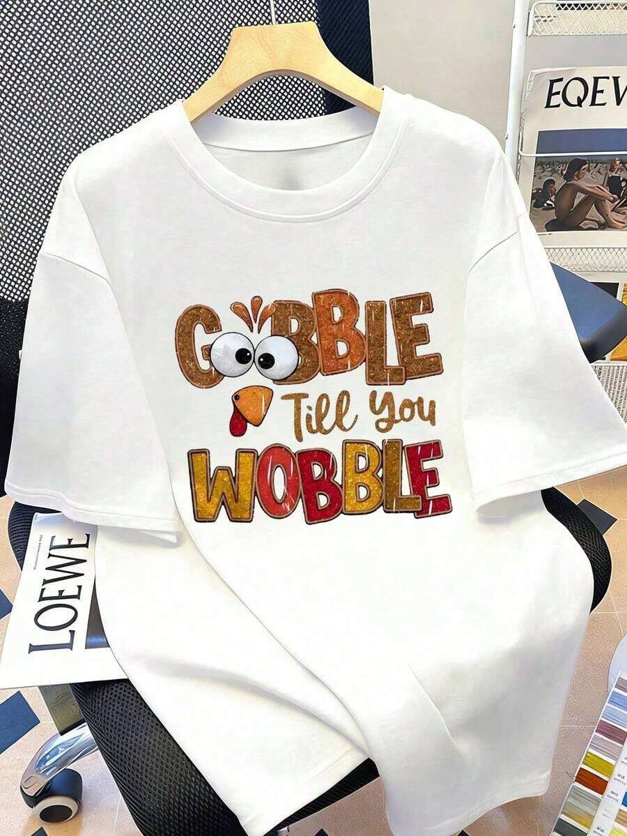 Plus Size Women's Thanksgiving T-Shirt With "Eat So Much You'll Wobble" Pattern, Short Sleeves, Large Neck. Suitable For Summer, Vacation, New Year's, Valentine's Day, Mother's Day, Graduation, And Casual Daily Wear. - 白色 - 查看 1