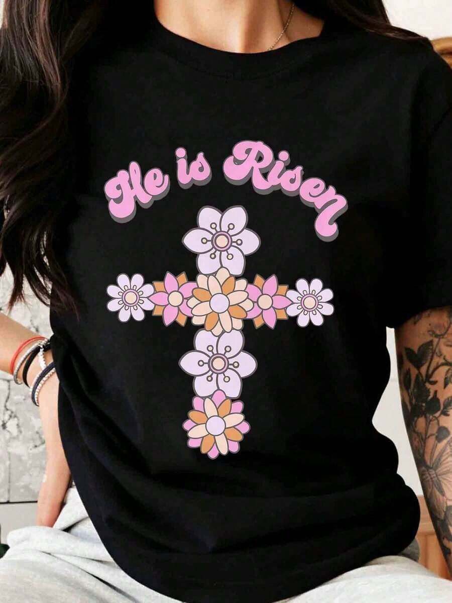 He Is Risen, Christian Easter T-Shirt With Floral Cross For Women, Spring Religious Graphic Tee, Faith Gift For Easter Celebration. - 黑色 - 查看 1