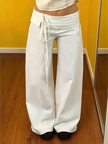 Women's Plus Size Casual Pants Fashionable Solid Color Waist Tie Loose Fit Wide Leg Pants - Blanco - Ver 1
