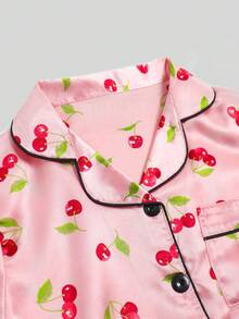 Tween Girl Cherry Print Button-Up Top And Shorts Casual Loungewear Set - Multicolor - View 8