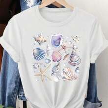 Women's Casual Round Neck T-Shirt | Featuring Prints Of Sea Creatures, Shells And Starfish, Suitable For Everyday Wear In Spring And Summer, Ocean-Themed Top, Short-Sleeved Women's T-Shirt, Printed Short-Sleeved Round Neck T-Shirt For Daily Wear And Travel. - 白色 - 查看 7