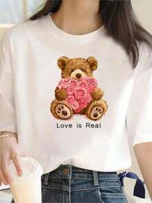 Y2k Women's LooseFlower Bear Print T-Shirt, Plus Size Summer Tops For Ladies, Short Sleeve Clothing, Soft Pure Cotton Tops, Women's Holiday Sets, Basic Cotton Crew Neck T-Shirt For Women - 白色的 - 查看 1