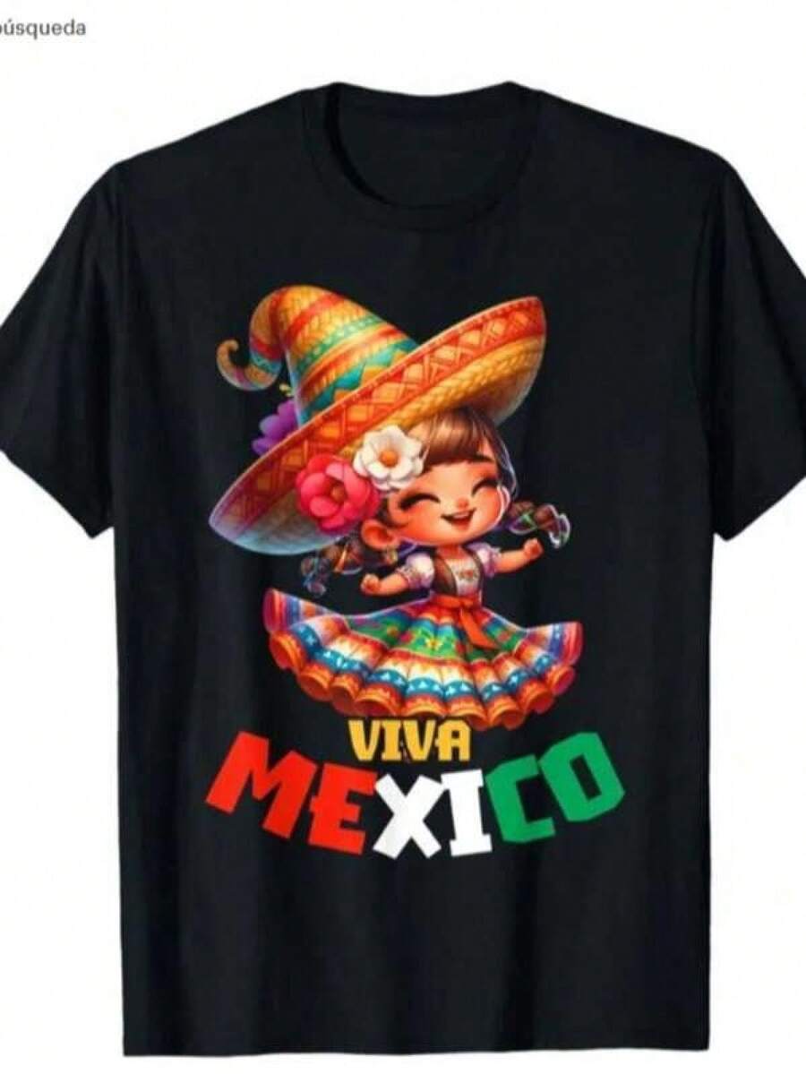 New 2026 Camiseta de mujer, camiseta gráfica de manga corta negra con estampado de una niña anime mexicana, cuello redondo, ajuste regular, tejido cómodo para todas las estaciones, adecuada para el uso diario, promoción de ropa de mujer barata, elegante camiseta de mujer, hermosa camiseta de mujer. - Negro - Ver 1