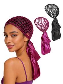 1 pièce Bonnet de nuit en maille respirante et satin pour l'été, fabriqué en maille au crochet et tissu satin lisse. Style pratique avec cordon de serrage réglable, anti-frisottis et anti-transpiration. Idéal pour le sommeil, le spa et le ramadan. Couleur noire disponible. - Multicolore - Voir 1