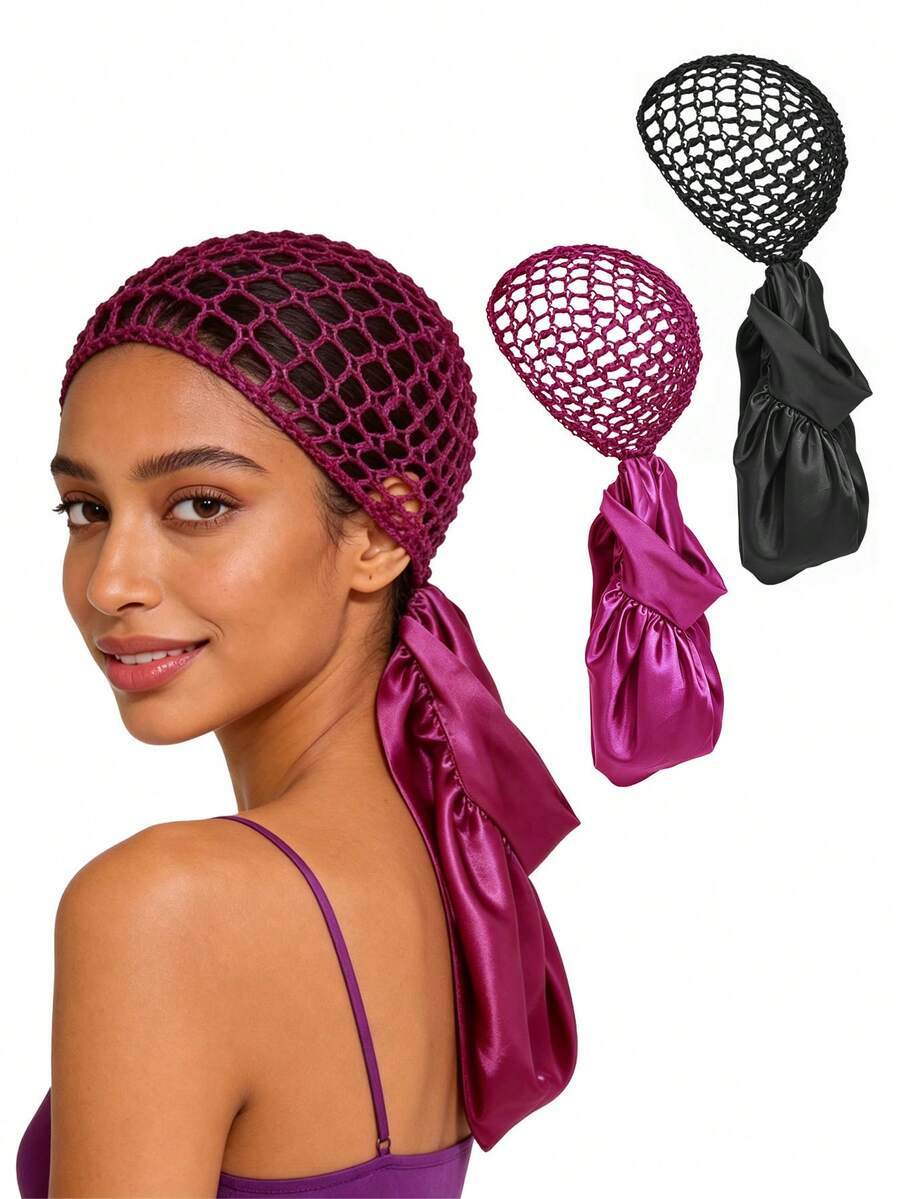 1 pièce Bonnet de nuit en maille respirante et satin pour l'été, fabriqué en maille au crochet et tissu satin lisse. Style pratique avec cordon de serrage réglable, anti-frisottis et anti-transpiration. Idéal pour le sommeil, le spa et le ramadan. Couleur noire disponible. - Multicolore - Voir 1