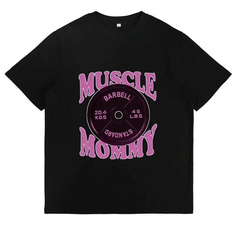 Retro Graphic Gym T-Shirt For Muscular Mom, Fitness T-Shirt For Mom, Casual Workout Clothes, Fashionable Y2K Aesthetic Top For Women - 黑色 - 查看 1
