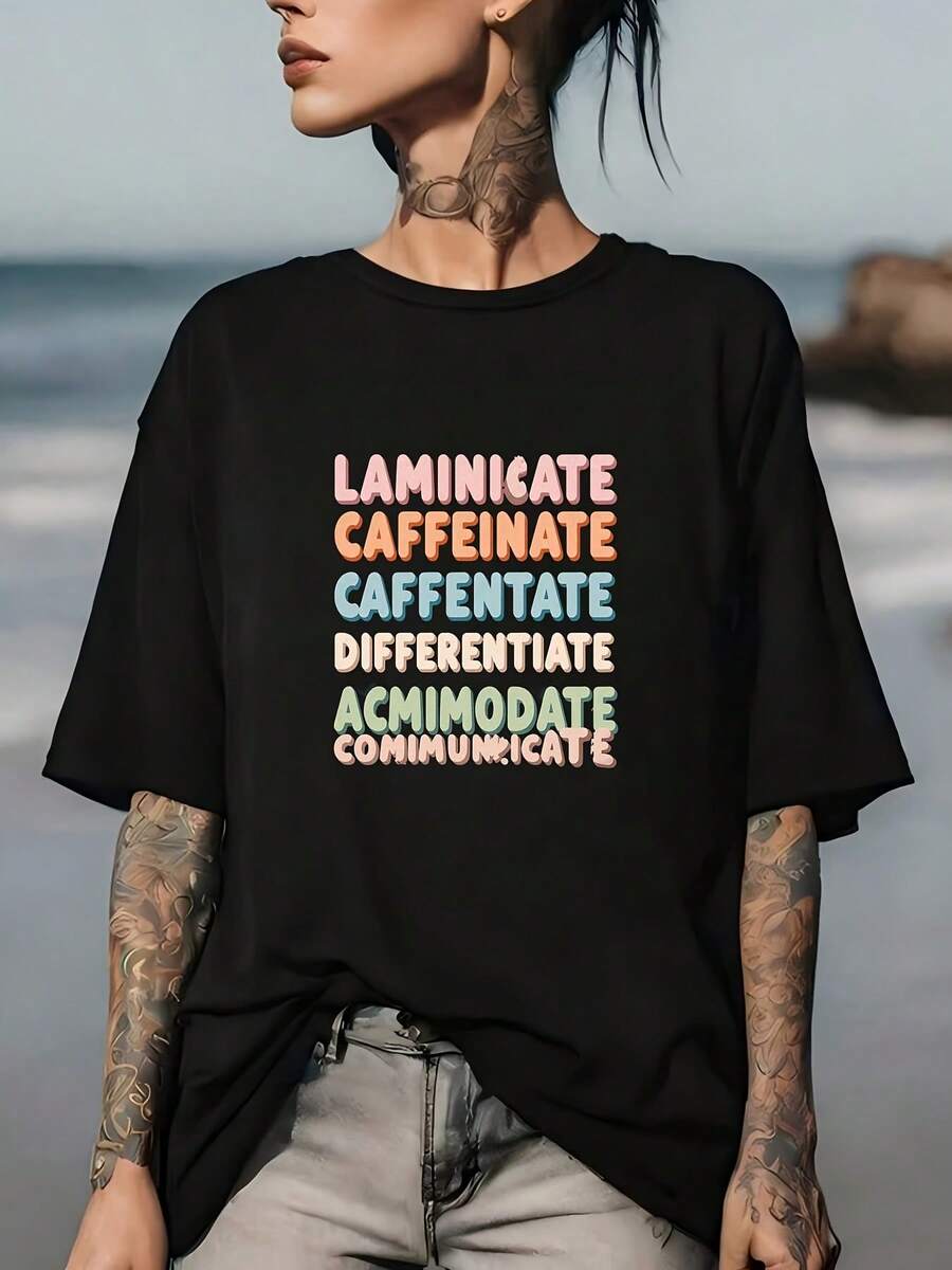 Women's Cotton T-Shirt, Crew Neck, Casual, 180g, Soft And Comfortable: Laminated Caffeine | The Perfect Gift For Family And Colleagues. | Modern Design, Comfortable For Everyday Wear. | Shop Now And Enjoy The Best Discounts And Special Holiday Offers. Simple T-Shirt For Everyday Wear. - 黑色 - 查看 1