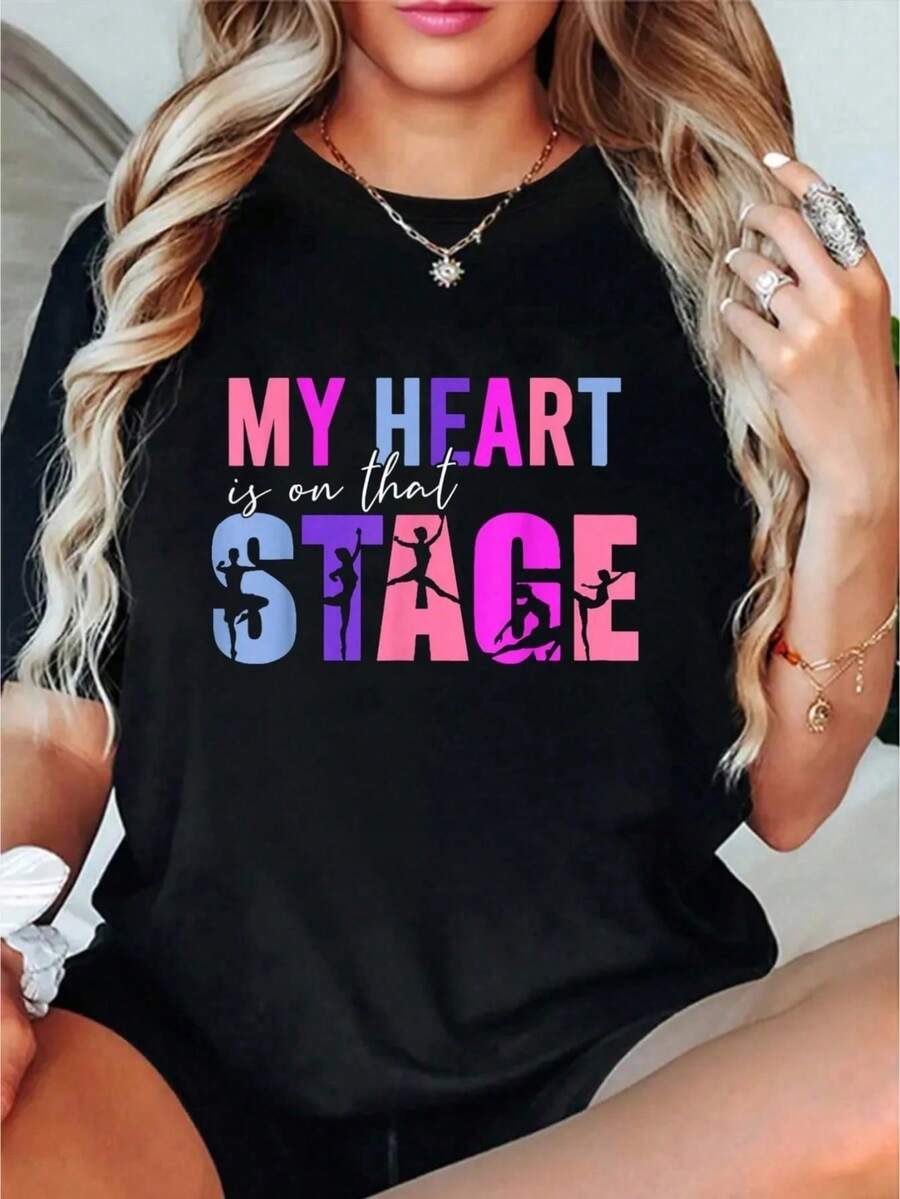 100% Pure Cotton My Heart Is On Stage Dance Mom Dancer Mom Lifestyle T-Shirt - Black - View 1