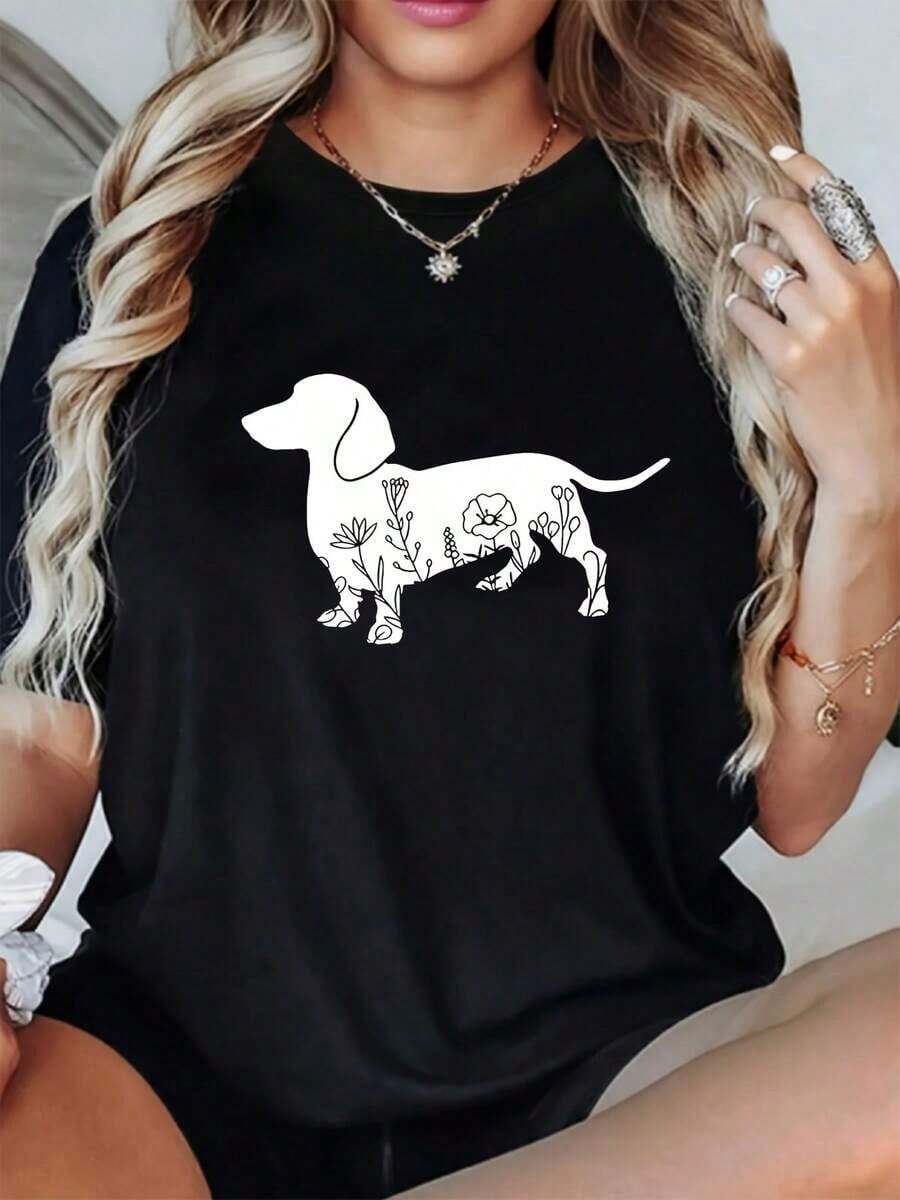 1PCSWomens Cuttie Dog Print Loose Oversized T-Shirt For Women - Camiseta holgada de gran tamaño con estampado de perro para mujer - Tejido de punto de poliéster casual con cuello redondo, comodidad para todas las estaciones, top festivo para vacaciones. 2026 Conjuntos de verano para mujer, tops de verano - Camiseta de manga corta de algodón holgada unisex de estilo vintage urbano con cuello redondo 100% algodón. - Negro - Ver 1