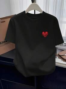 Camiseta de mujer, nueva camiseta estampada de primavera/verano, ropa casual versátil y moderna para el hogar, camiseta de cuello redondo, moderna y casual, camiseta sencilla con estampado 2D, camiseta de cuello redondo cómoda y casual para mujer, camiseta holgada casual para mujer, adecuada para cualquier ocasión. - Negro - Ver 1