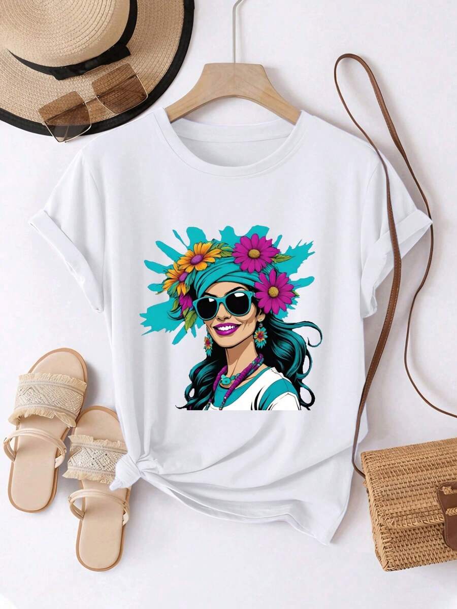 Women's T-Shirt, Comfortable And Casual, Short Sleeve And Round Neck, With Girl Floral Print, Bright Colors, Unique Style, Regular Length, Suitable For All Seasons, Everyday Fashion, Ideal For Women's Spring And Summer Clothing. - 白色 - 查看 1