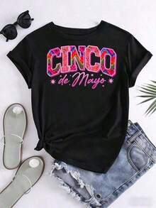Camiseta Gráfica Cinco De Mayo Vintage 100% Algodón, Diseño de Texto con Estampado Floral Colorido para Celebraciones Festivas, Para Entusiastas de la Cultura Mexicana y Celebrantes de Días Festivos, Playeras de mujer - Negro - Ver 5