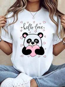 Women's Panda & " Love" Slogan T-Shirt - Soft Casual Short Sleeve Top With Panda Face & Text, Spring Summer Blouse For Valentine's Day Outfits, Machine Washable Cute Daily WearWomen's Casual Short Sleeve Tee Standard Size Basic T-Shirt - Blanco - Ver 7